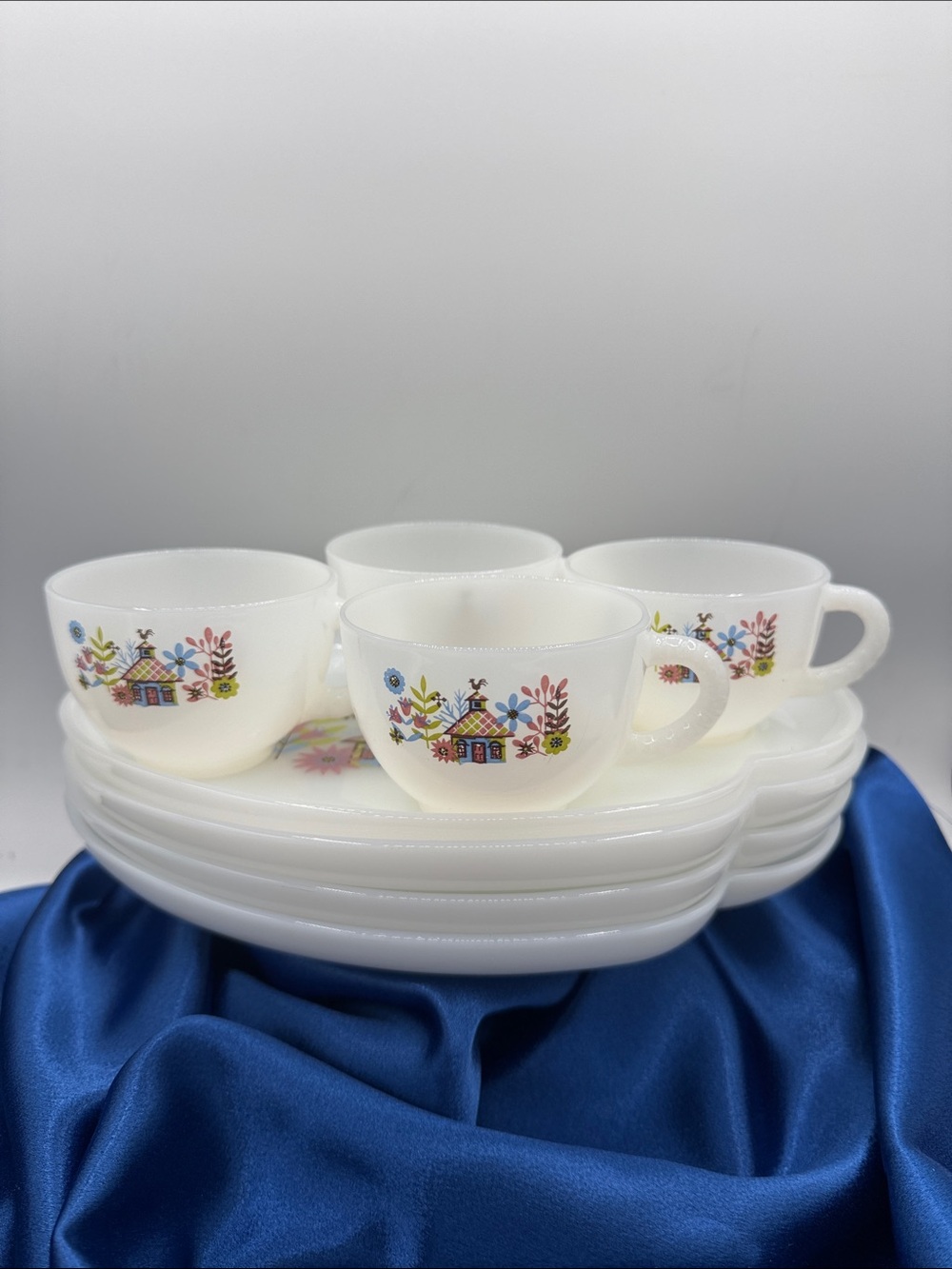 Federal Glass "Chalet" snack set, white milk glass and a colorful cottage motif.